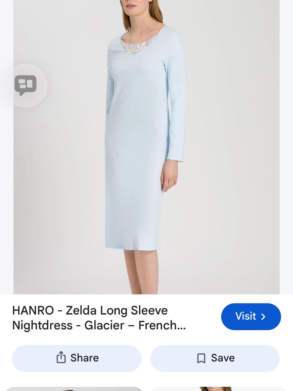 NWT Hanro Zelda Long Sleeve Luxury Nightgown XS Glacier Blue Lace Trim